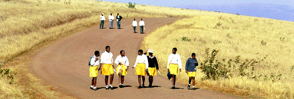 Two groups of schoolchildren walking along an arid road in rural South Africa.